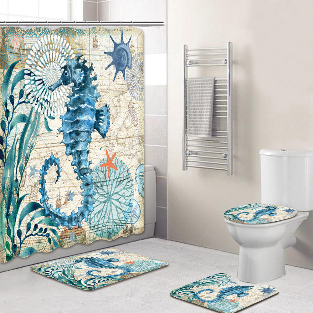 Bathroom Shower Curtain and Floor Mat Set Ocean World Printing - 4 Piece