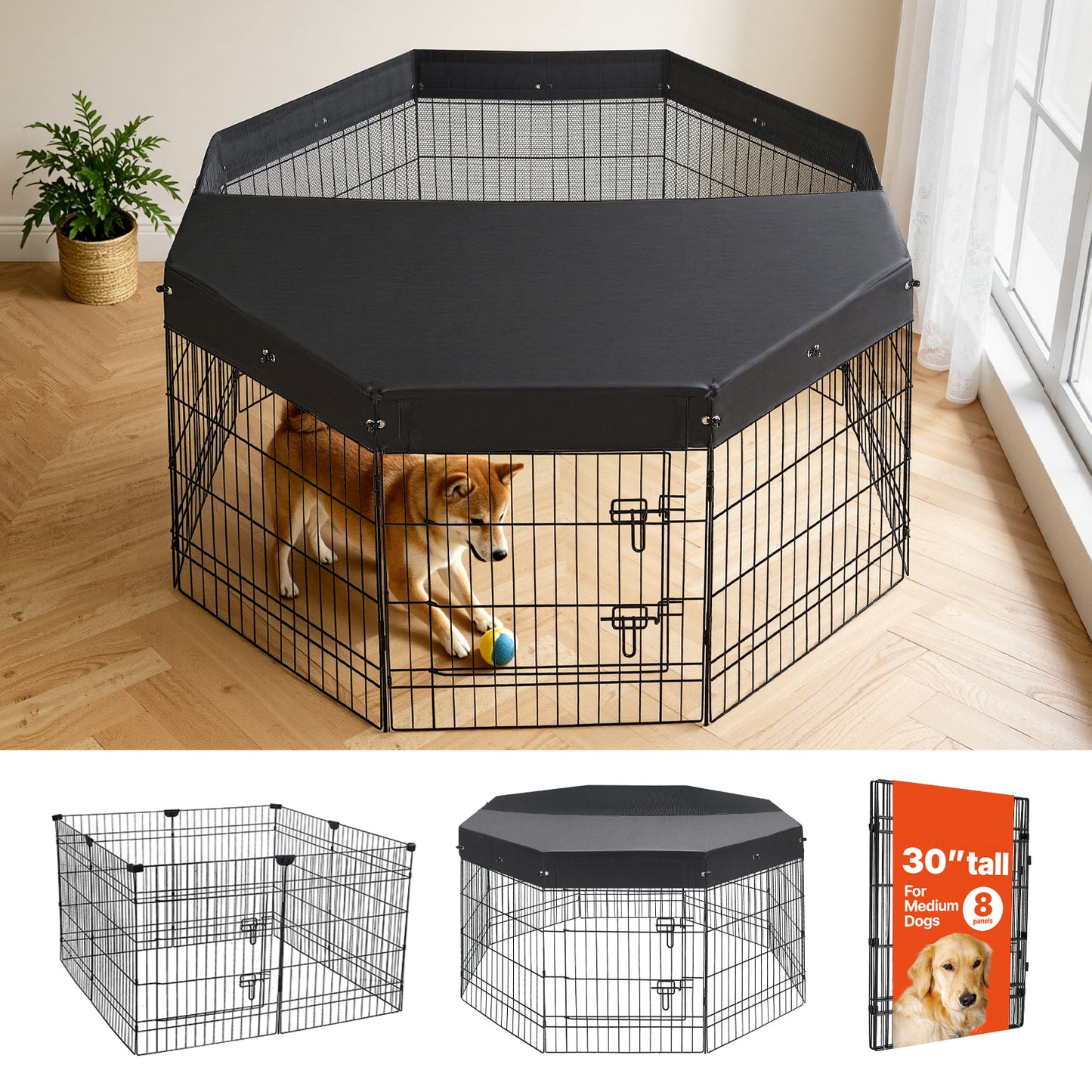 Foldable Dog Playpen 30 Inch with Top Cover - Indoor Metal Exercise Pen with Door, Heavy Duty Pet Fence for Dogs, Cats & Small Animals, Black