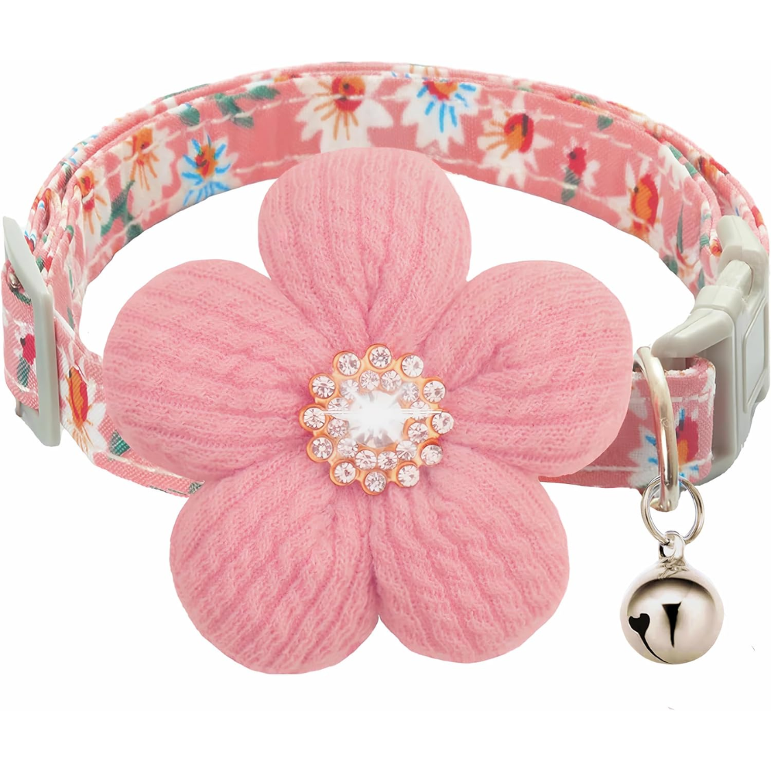 Small Dog Collar with Flower and Bell - Adjustable Spring Pet Necklace for Small Dogs