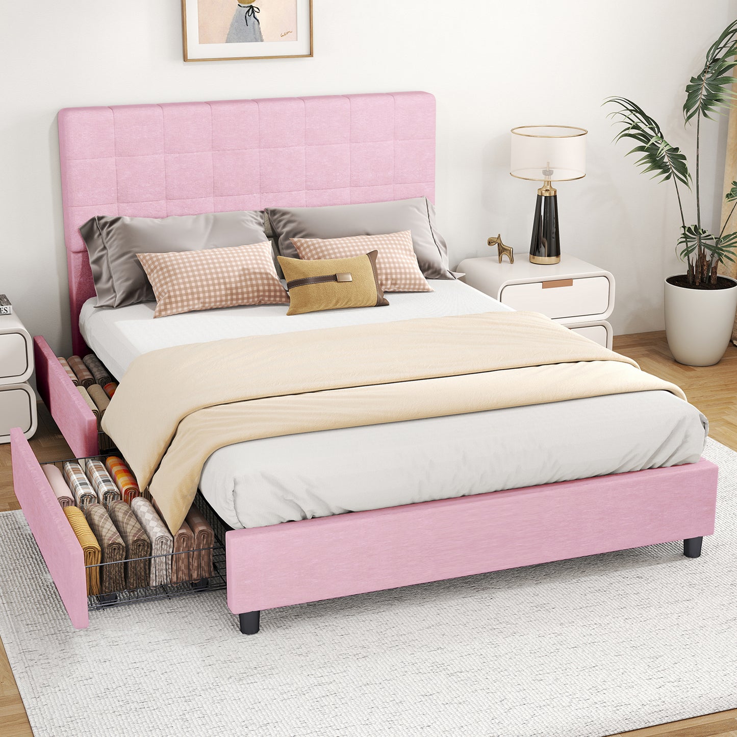 Full Bed Frame Upholstered Vertical Channel Headboard With 4 Storage