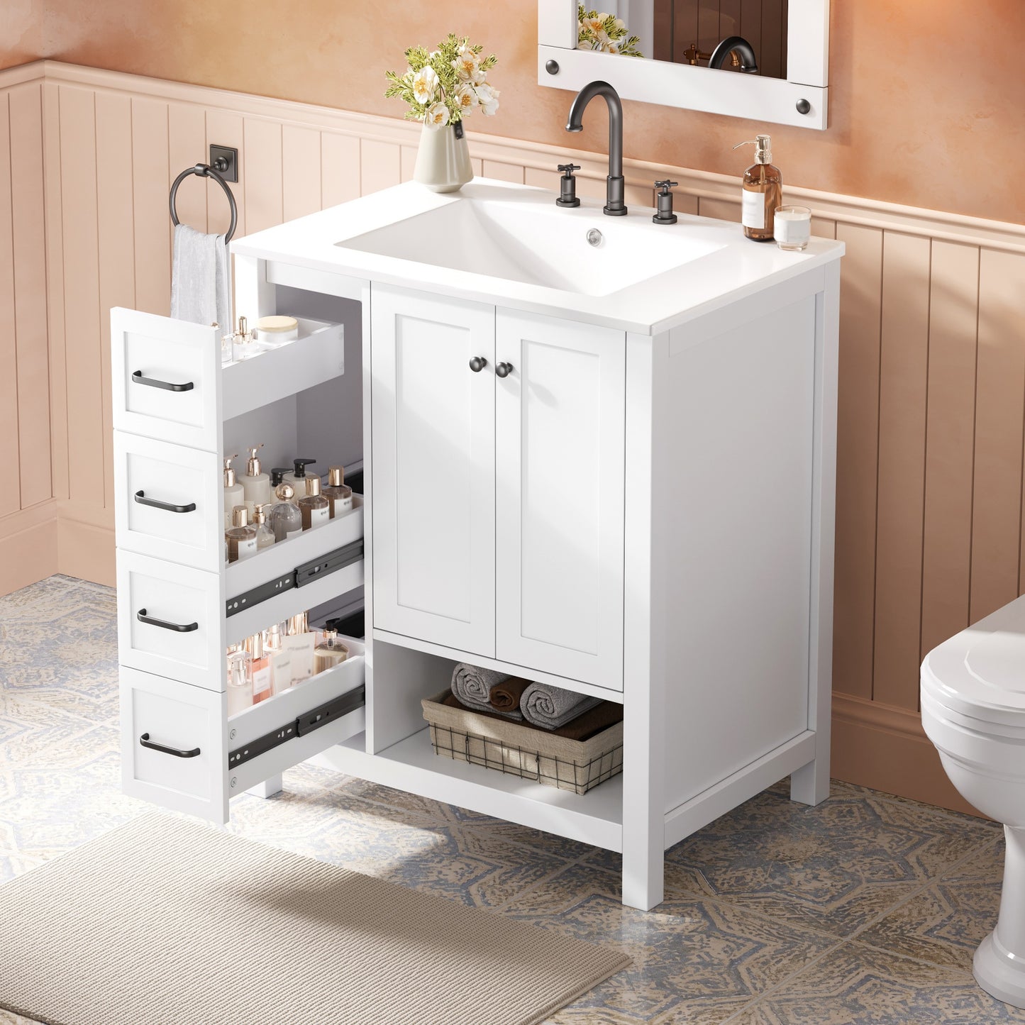 30" Solid Wood Bathroom Vanity with Sink Top and Storage - White