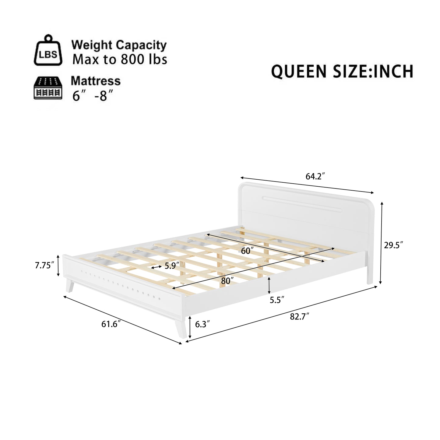 Queen Size Pine Solid Wood Bed - Stable, No Box Spring Needed, White