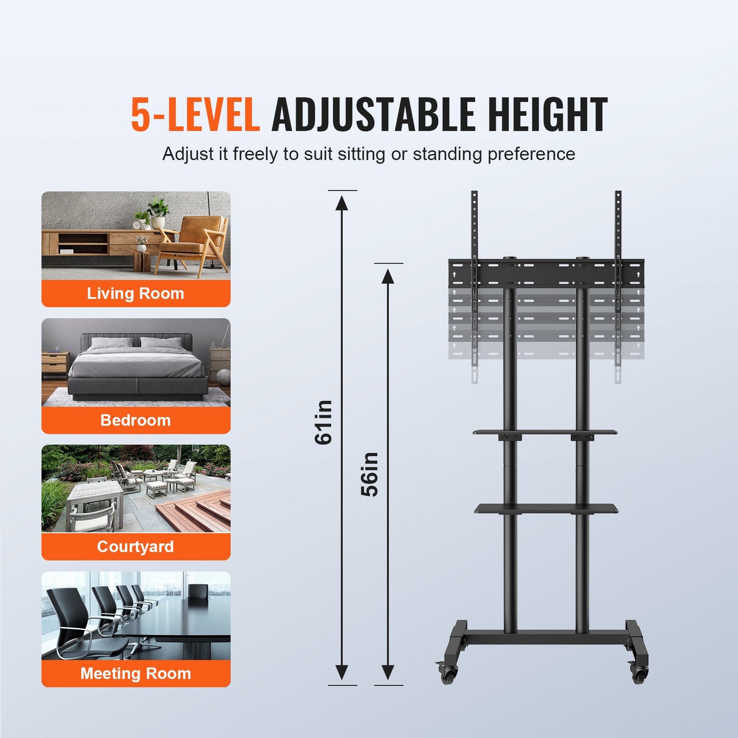 Mobile TV Stand with Wheels - Adjustable Height for 32-70 Inch TVs