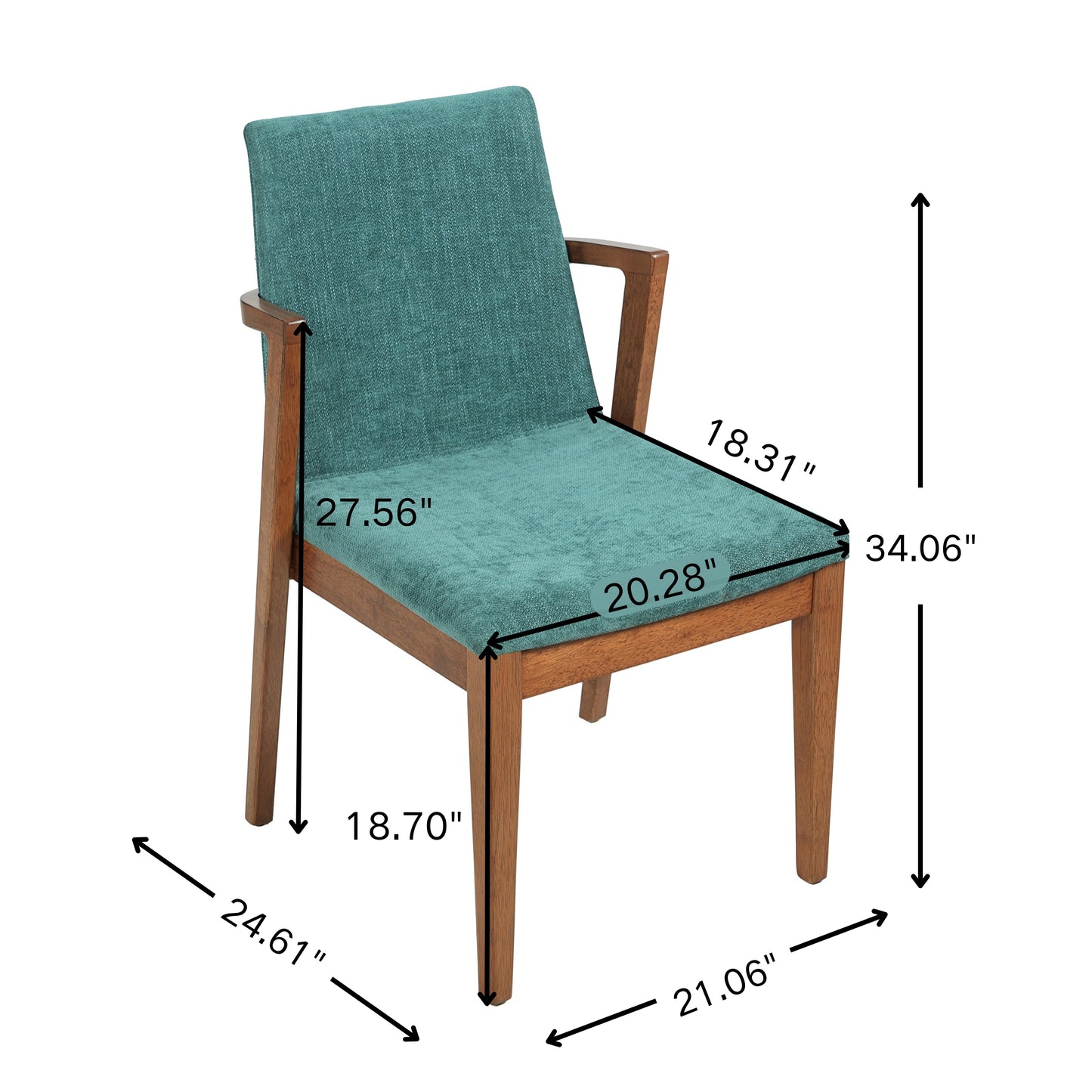 Mid-Century Modern Dining Chairs Set of 2 - Green Upholstered Armchairs