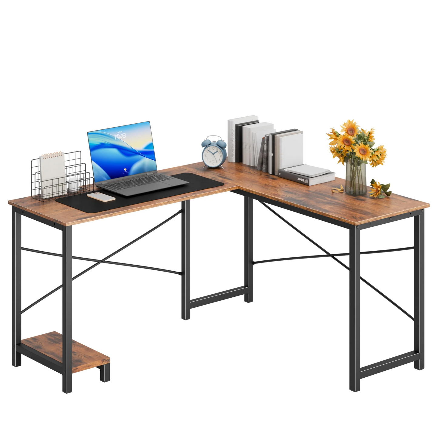 49-Inch L-Shaped Computer Desk with CPU Stand - Brown