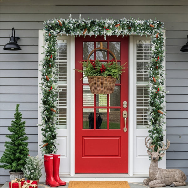 9FT Pre-Lit Snow Flocked Christmas Garland - 2 Pack with Warm White Lights & Red Berries