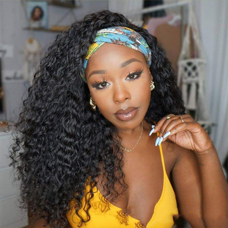 Long Curly Hair Wig Cover with Headgear - Real Hair Turban for Women