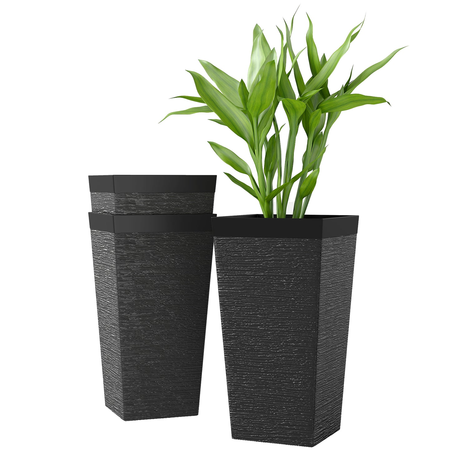 Set of 3 Outdoor Planting Pots with Wheels and Stone Finish - Stackable 22.8 Inch Black Garden Planters