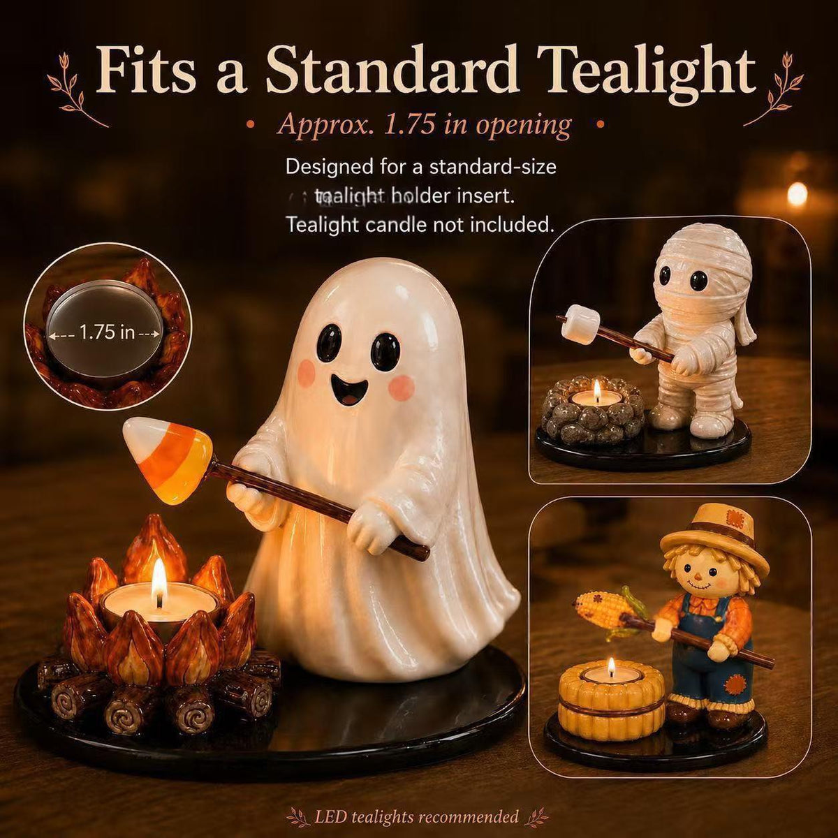 Halloween Tealight Candle Holder Figurine Set - Ghost, Mummy, Scarecrow Decor