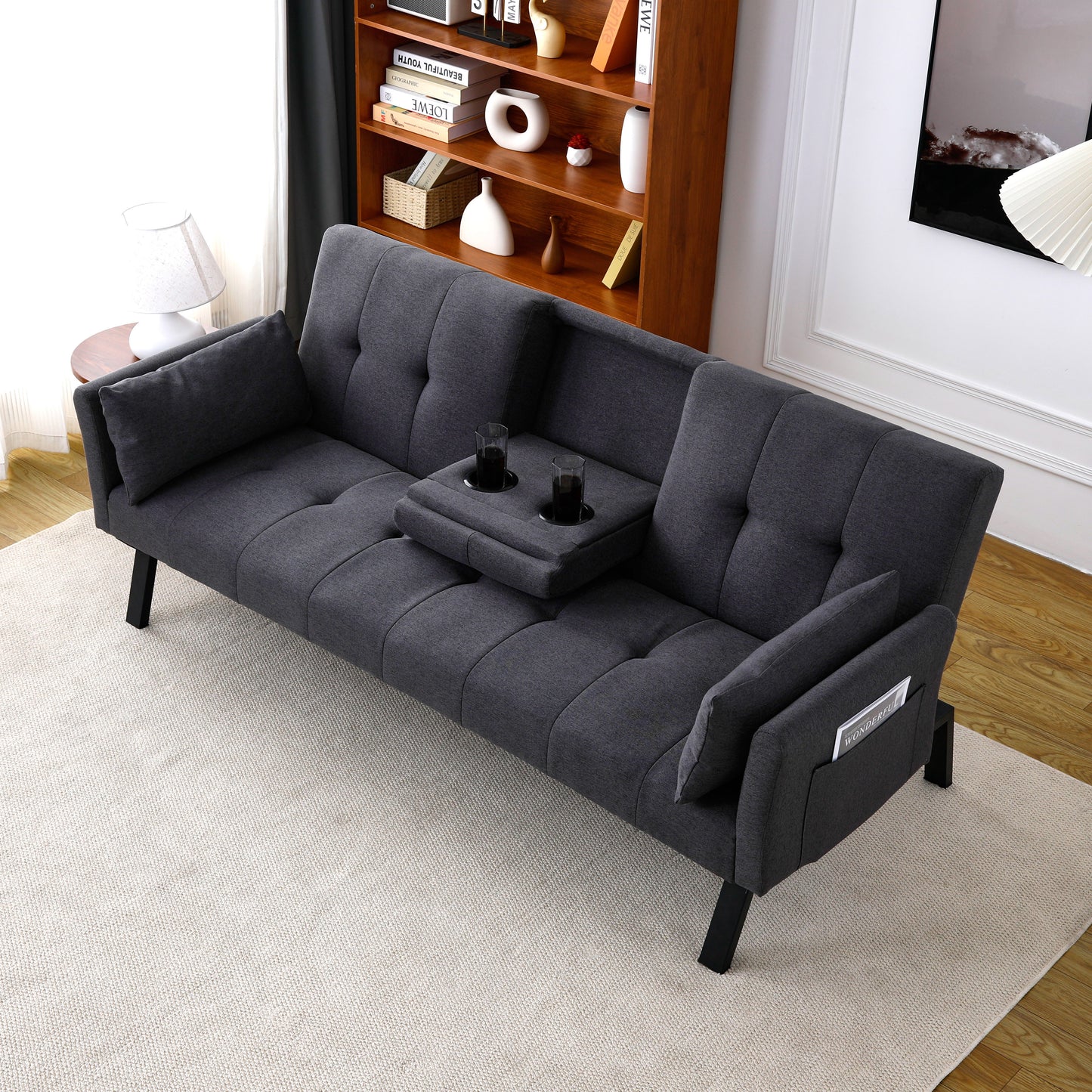 70-Inch Multi-Functional Cotton Linen Sofa Bed with Cup Holder - Dark Grey