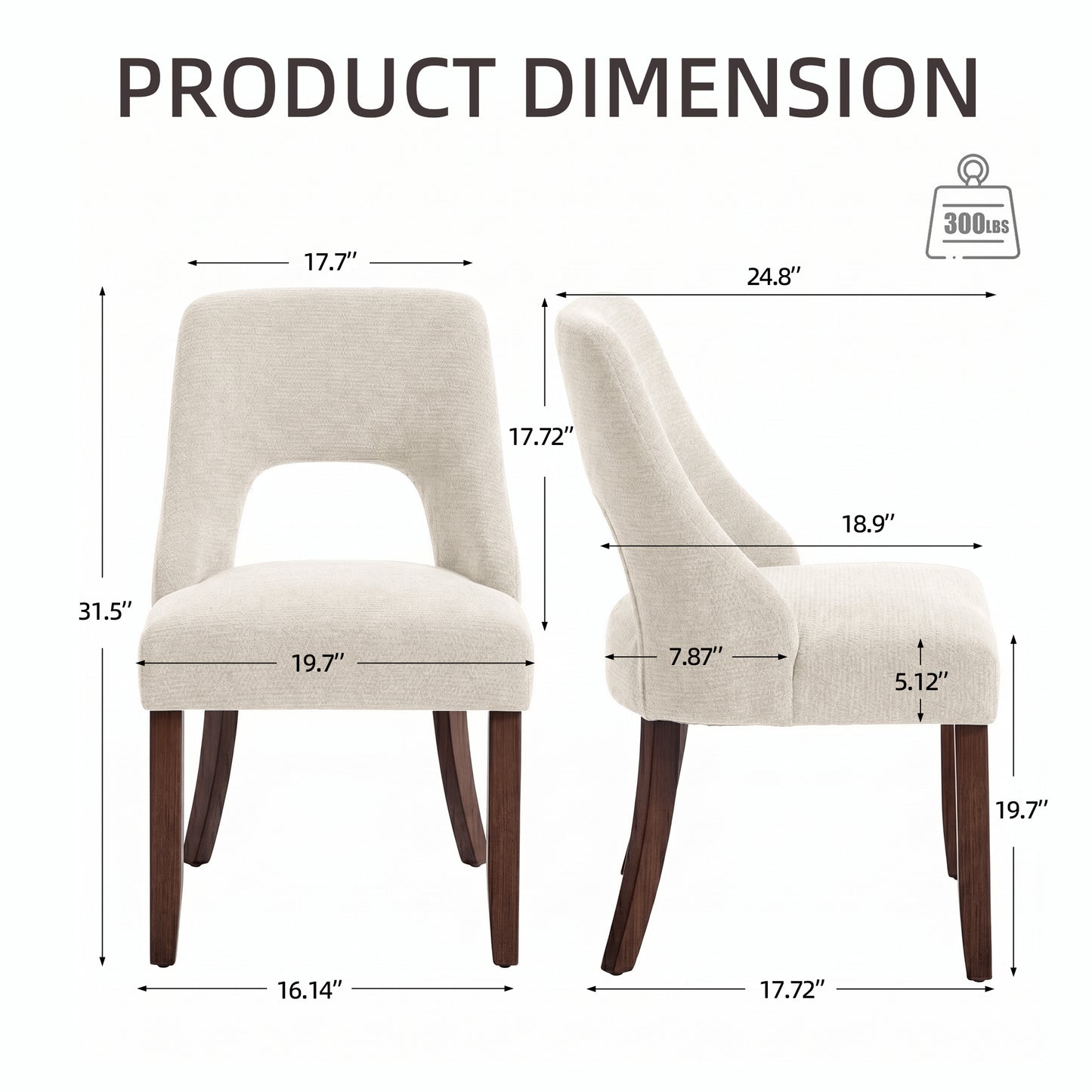 Upholstered Dining Chair Set of 2 - Beige Chenille & Wood Legs