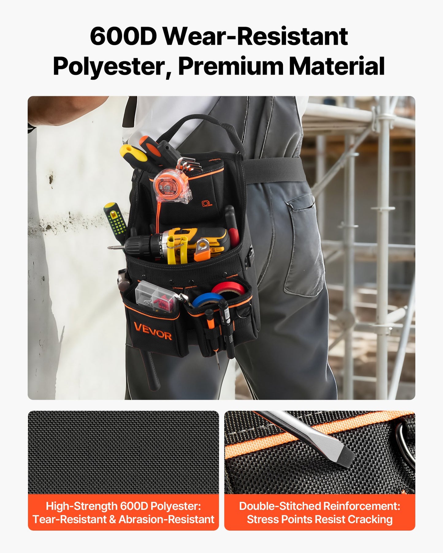 Heavy Duty Tool Belt with 14 Pockets, Adjustable Waist for Construction & Electricians
