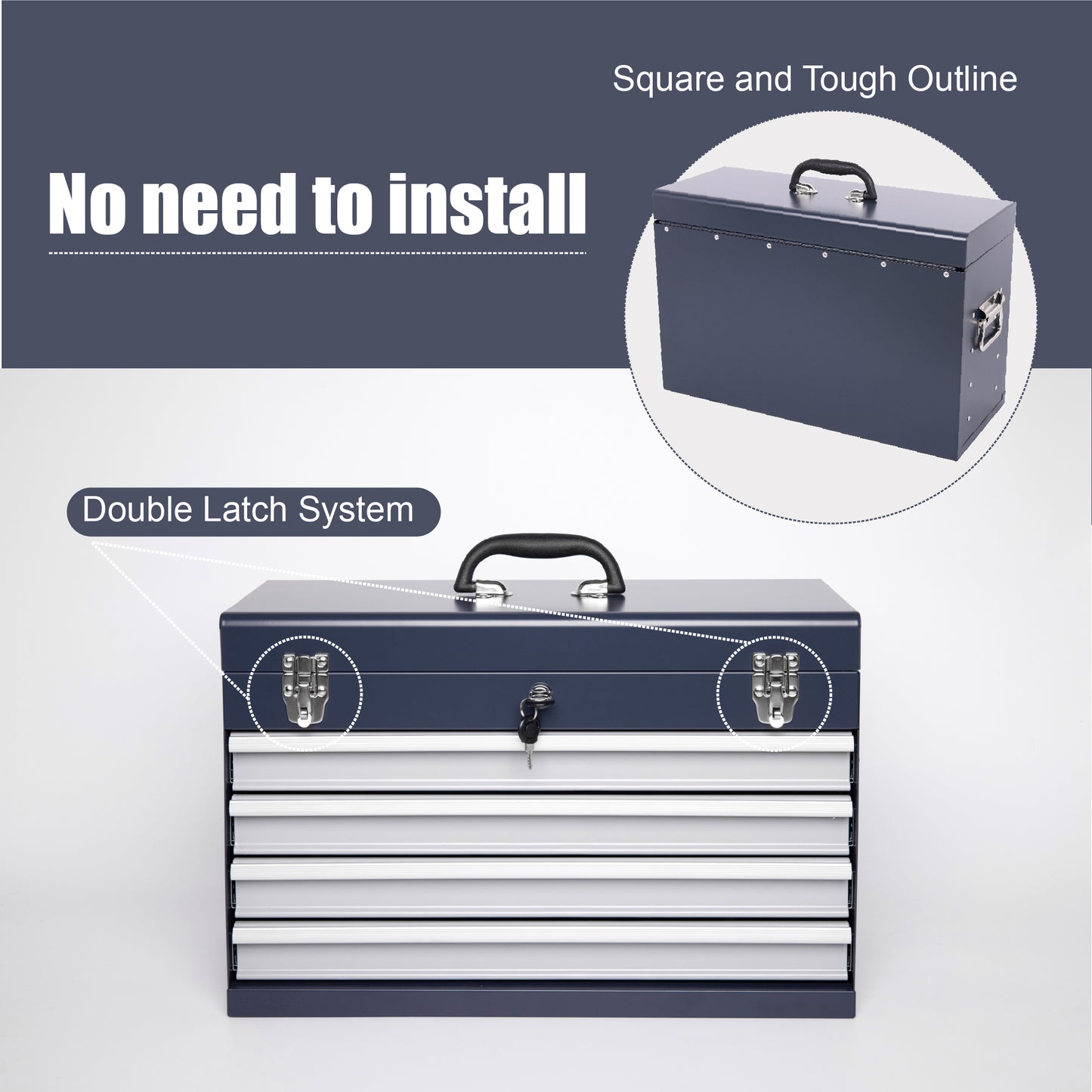 Heavy Duty Metal Tool Box 21-inch with 4 Drawers, Locking, EVA Liners, Antique Grey