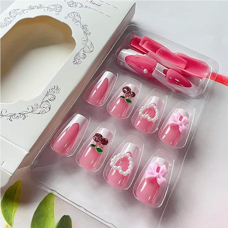 24 PCS Cherry Bow Press-On Nails - Long Square False Nail Tips - Pink