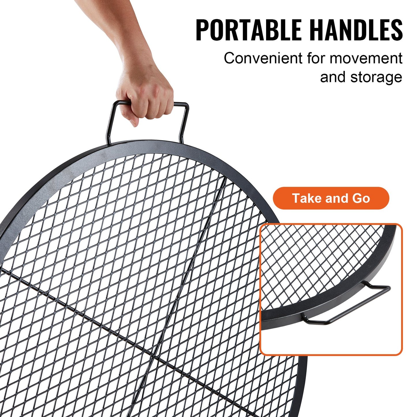 30 Inch Heavy Duty Steel Fire Pit Grill Grate - Portable Camping BBQ Cooking Grid with Handle & Support