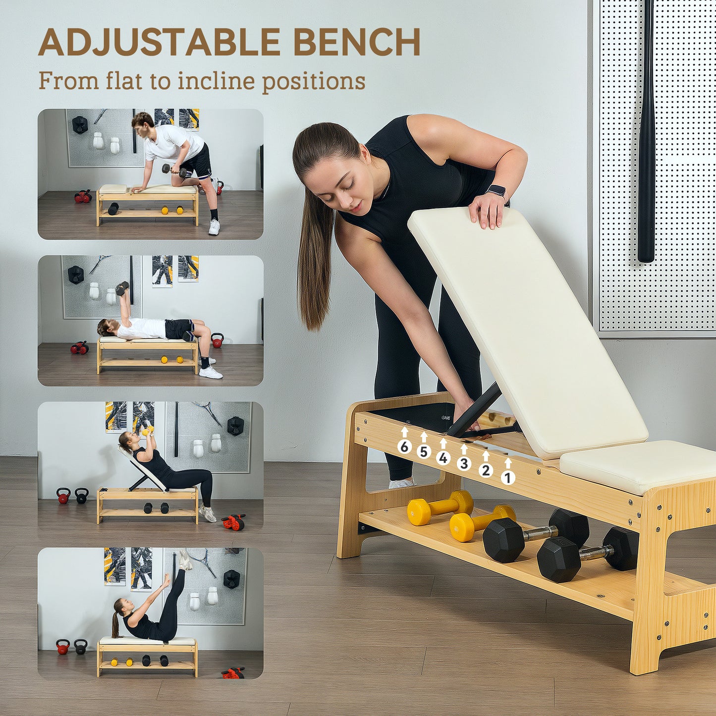 Adjustable Weight Bench with Dumbbell Rack - White