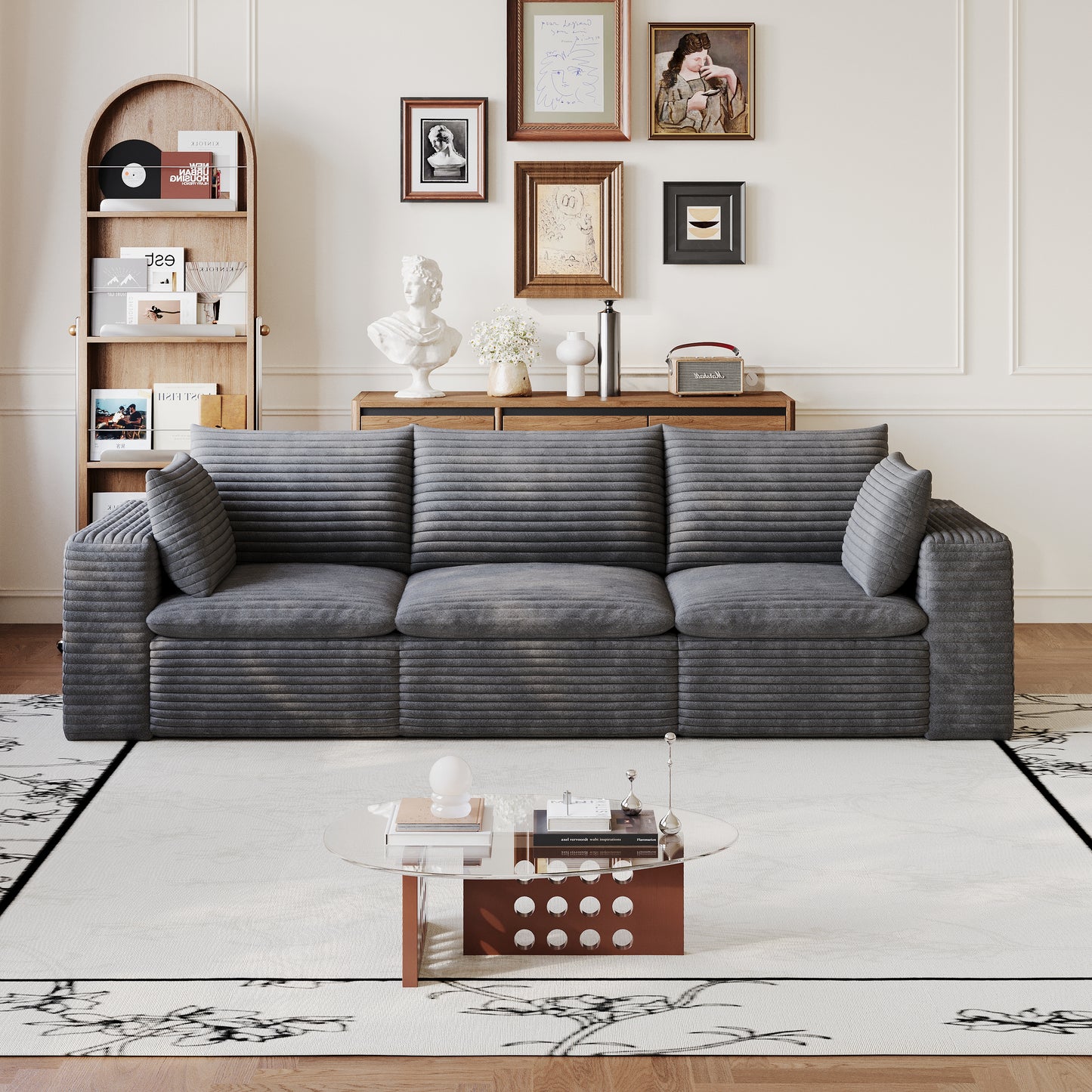 102" Cloud Sofa - Corduroy Fabric, Deep Seat, Removable Cushion, Dark Grey