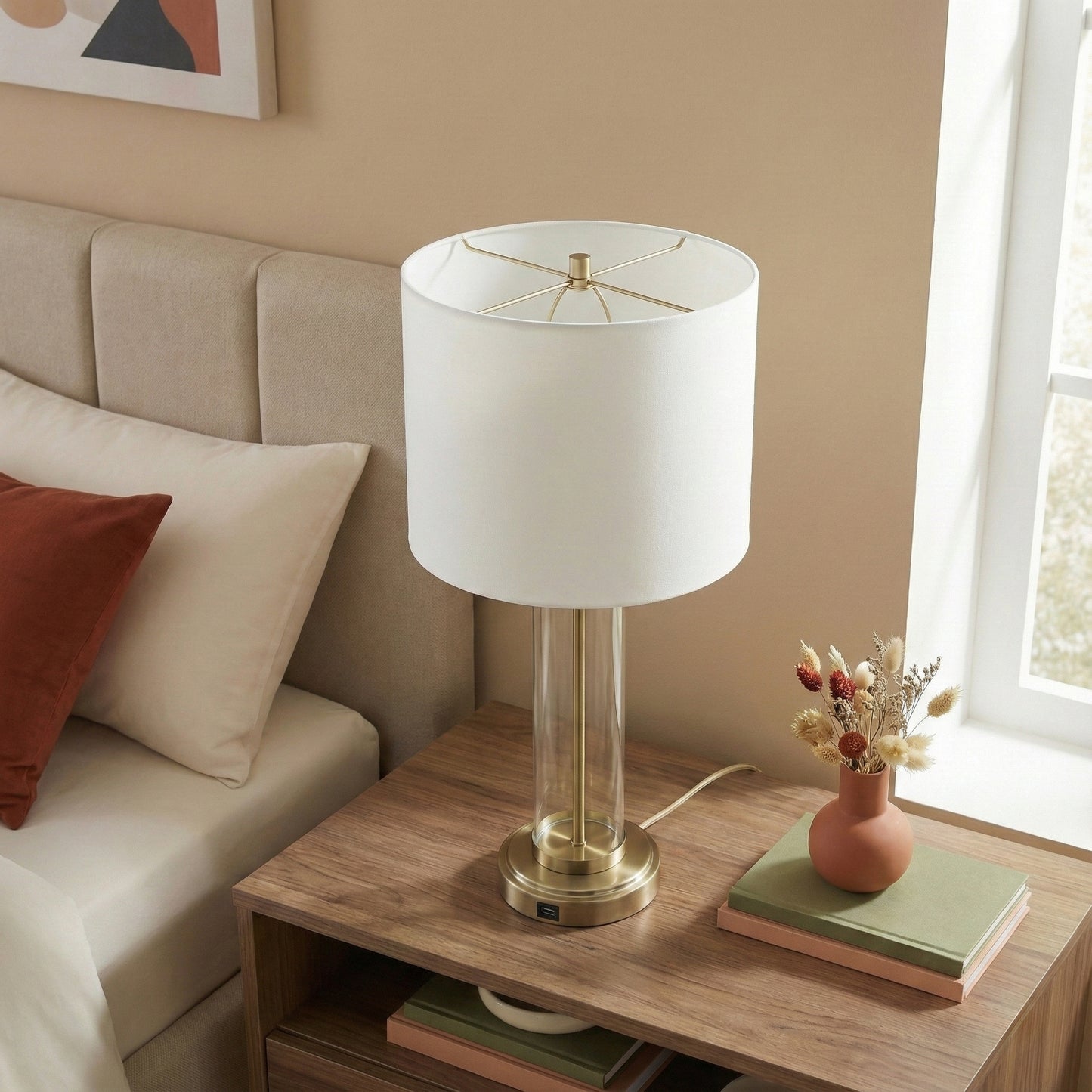 Luna Brushed Nickel Table Lamp With On Off Switch Clear Glass Body