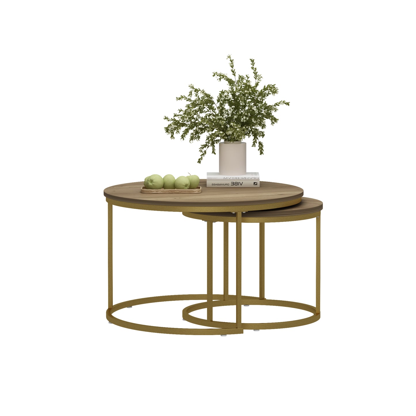 Nesting Coffee Table Set of 2 - Round Wood & Metal - Brown+Gold