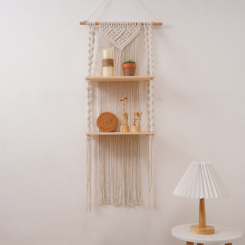 Bohemian Woven Tapestry Shelf with Wooden Bar - Natural Beige 40x90cm