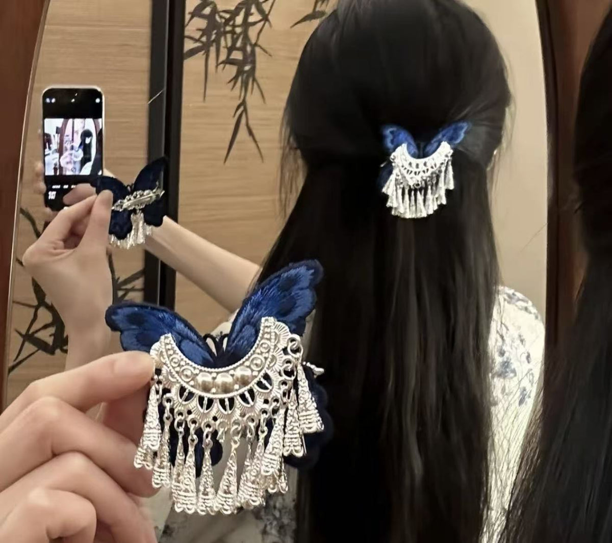 Butterfly-Embroidered Tassel Hair Clip - Alligator Clip