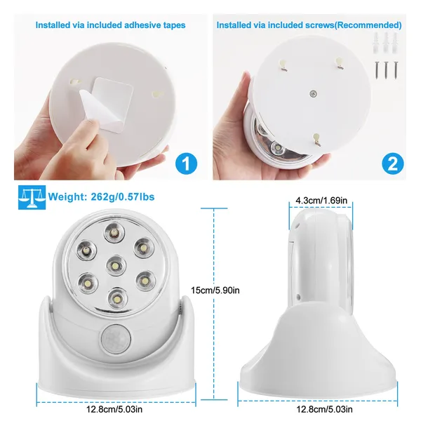 Wireless LED Motion Sensor Spotlight - 90° Adjustable Night Lamp, Battery Powered