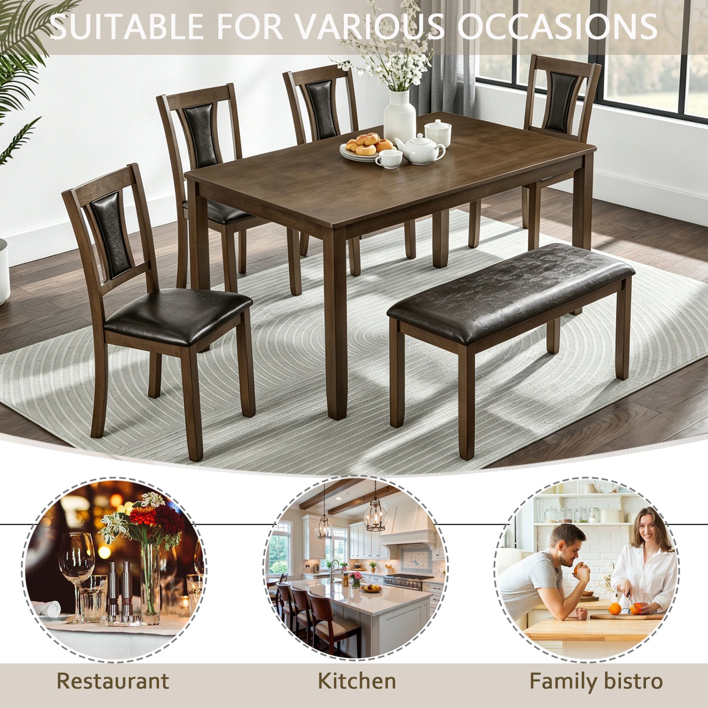 6-Piece Wooden Dining Table Set with Bench & Chairs - Walnut