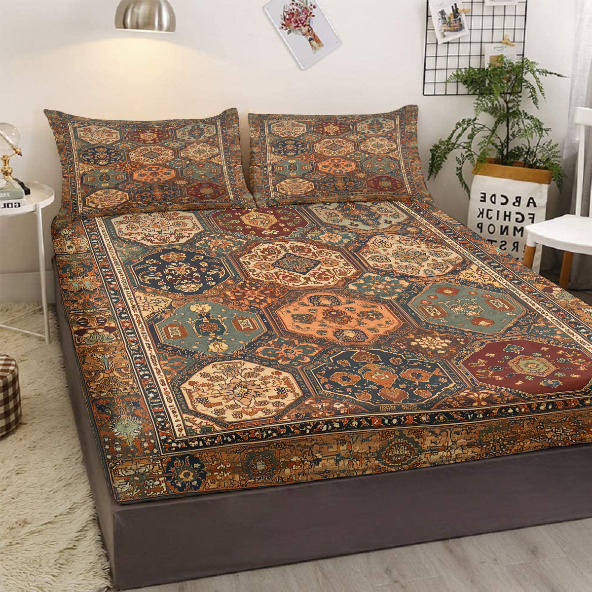 3-Piece Retro Bohemian Bedding Set - Fitted Sheet & Pillowcases