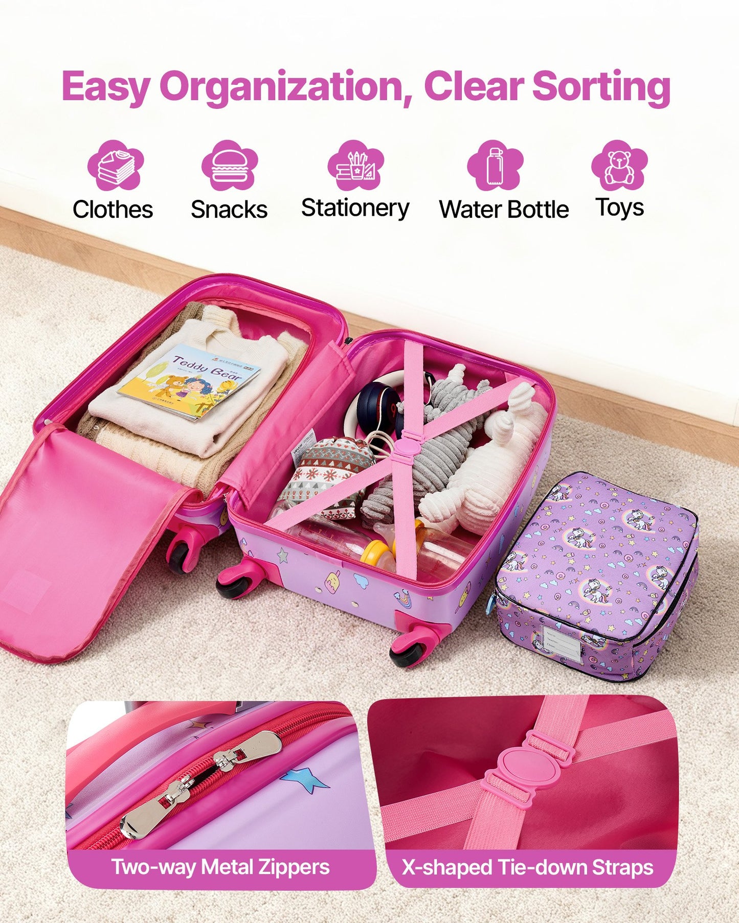 Kids Luggage Set 5 Pieces - 18 Inch Hardside Carry-On Suitcase with Backpack & Pillow, Travel Approved for Girls & Boys