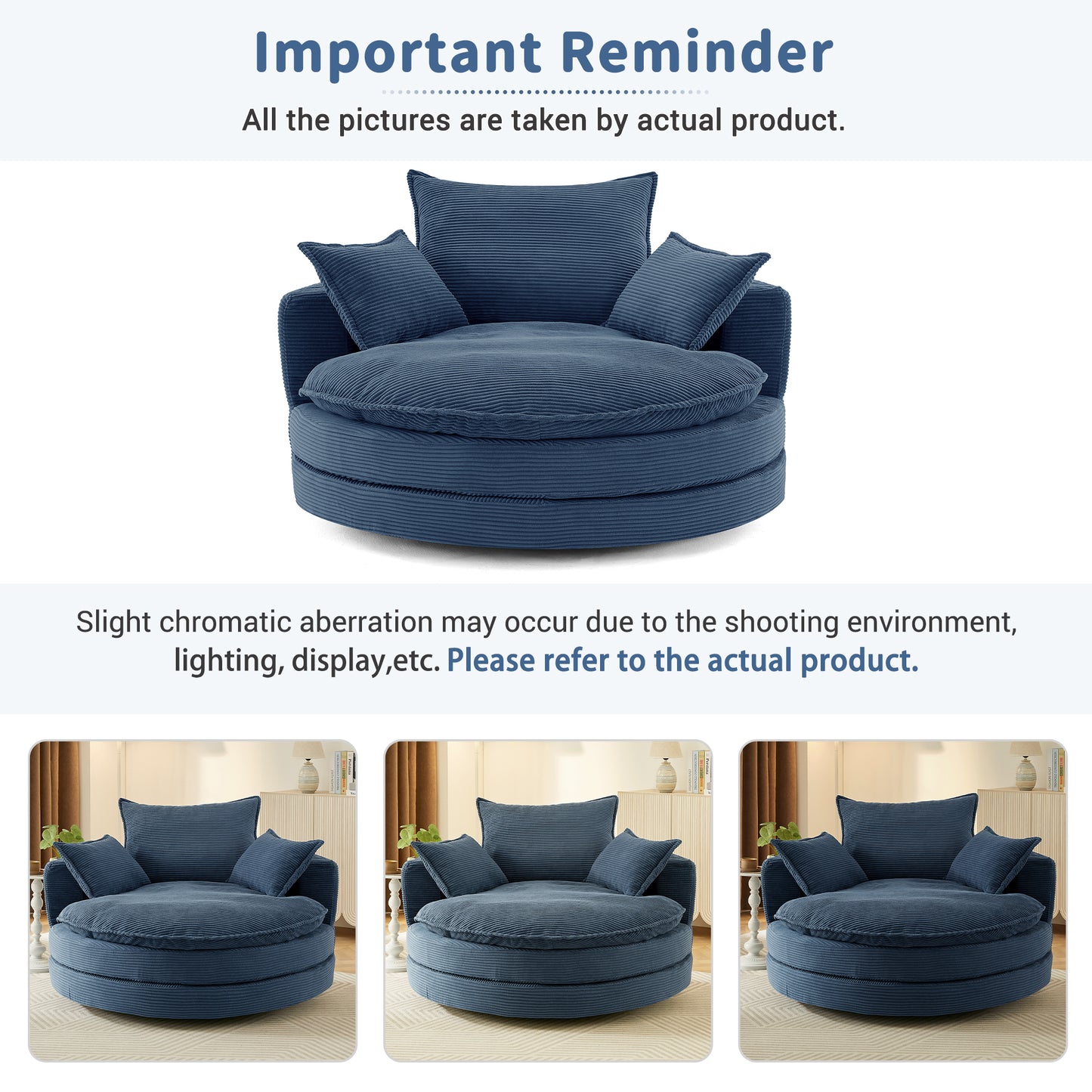 360° Swivel Accent Chair with Dual-Layer Cushion - Blue