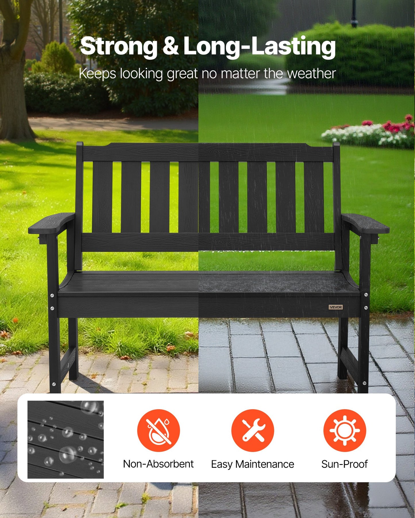 Weatherproof Outdoor Garden Bench 50.5 Inch Black Plastic Patio Seating