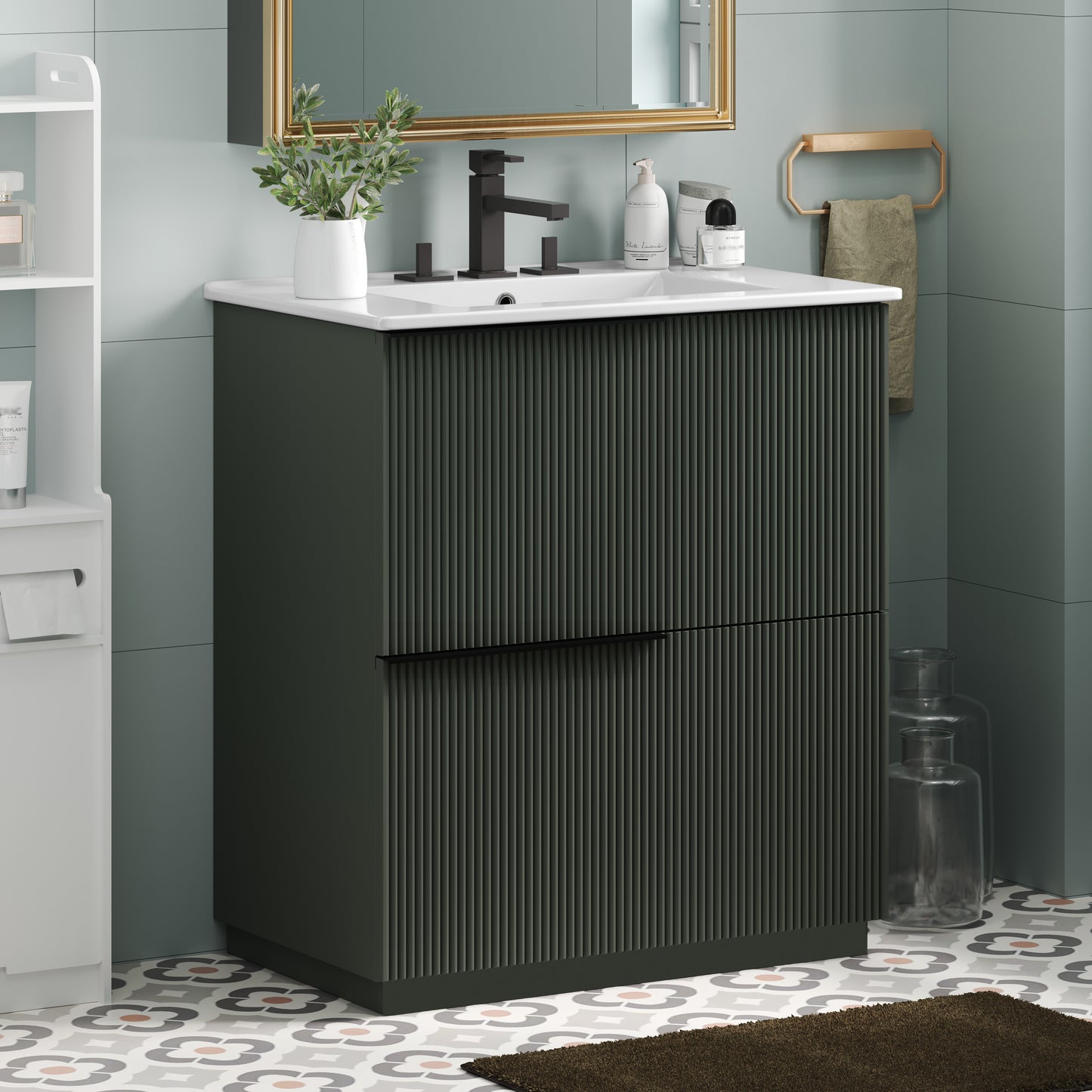 30" Bathroom Vanity with Ceramic Sink, Full-Extension Drawers, Green