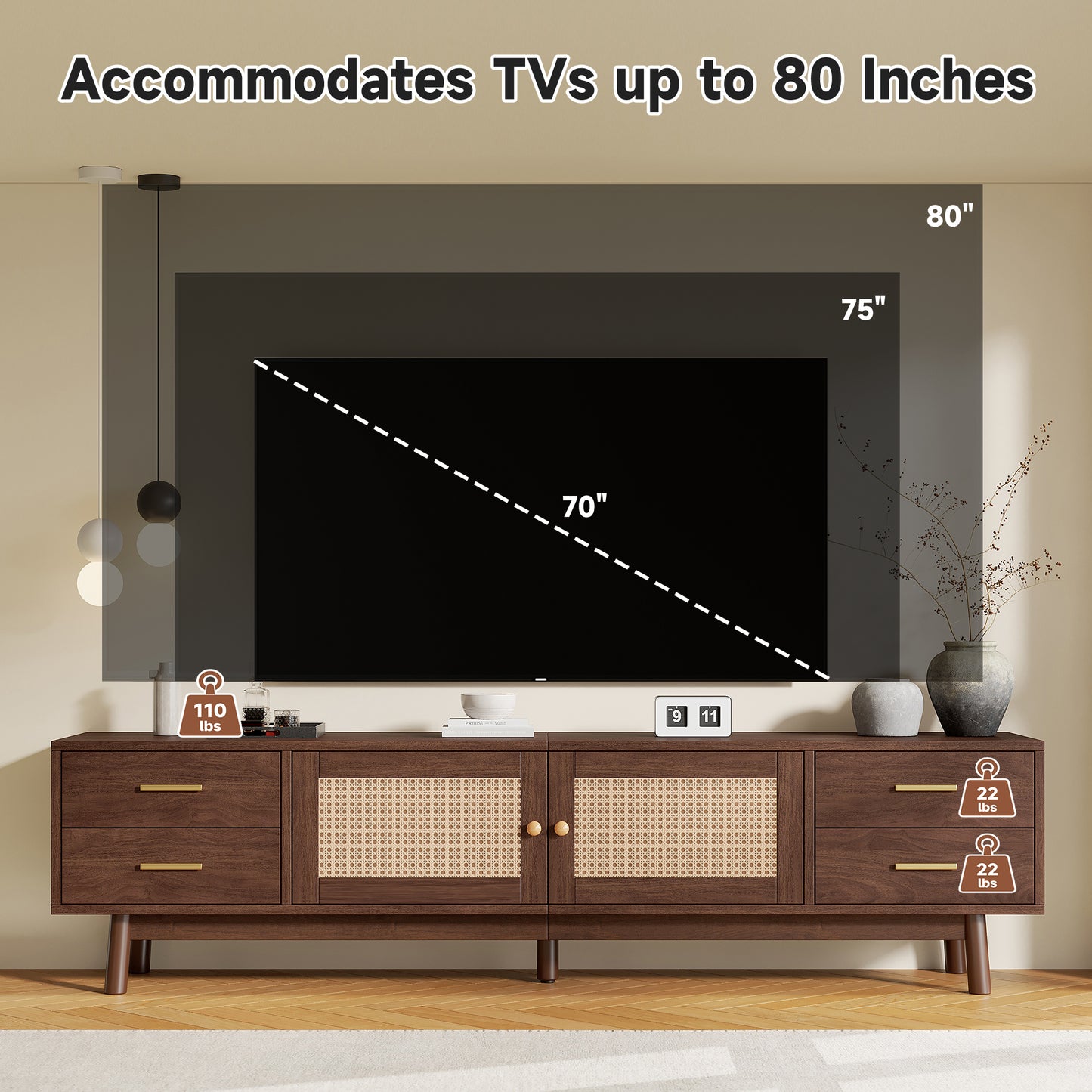 70inch Modern TV Stand With Rattan Doors For TVs Up To 80 , Media