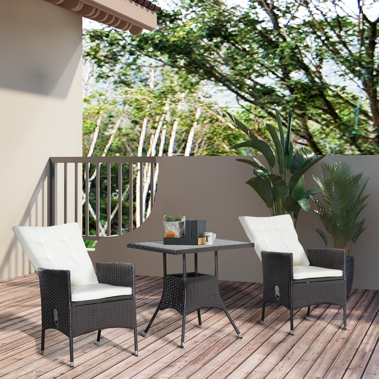 3 Piece Patio Bistro Set with Reclining Chairs & Coffee Table - Cream