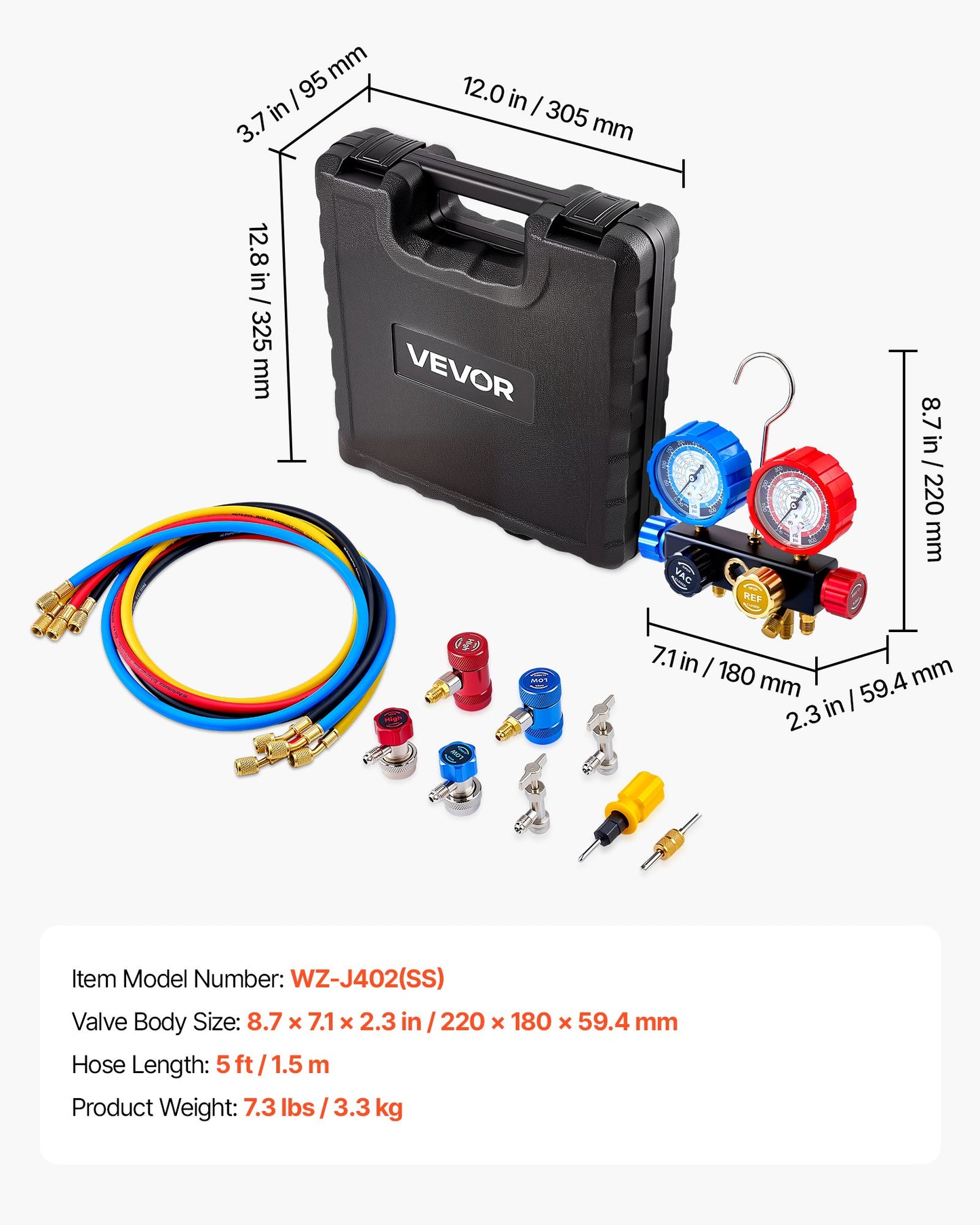 Automotive AC Manifold Gauge Set with 4 Hoses for R134a R404A R1234yf R22 Recharge