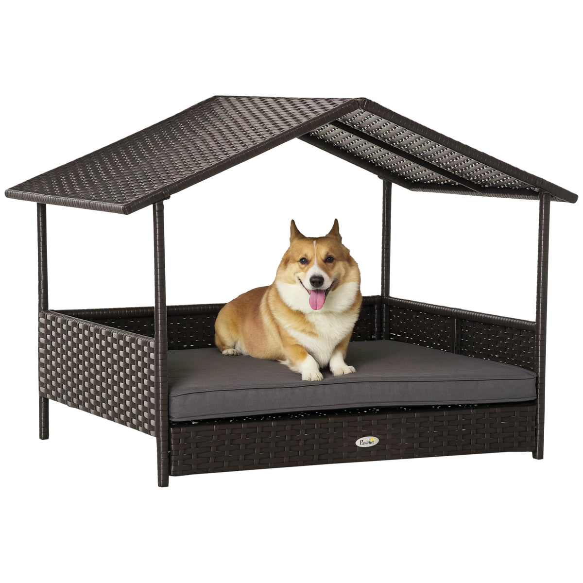 Outdoor Wicker Dog House with Canopy and Water-Resistant Cushion - Small to Medium Dogs