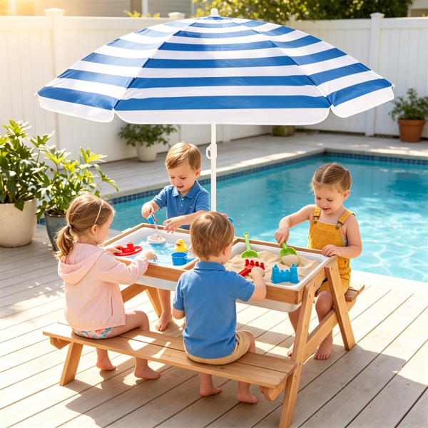 Kids 3-in-1 Picnic Table with Adjustable Umbrella & Storage Boxes - Outdoor Sand & Water Play Set