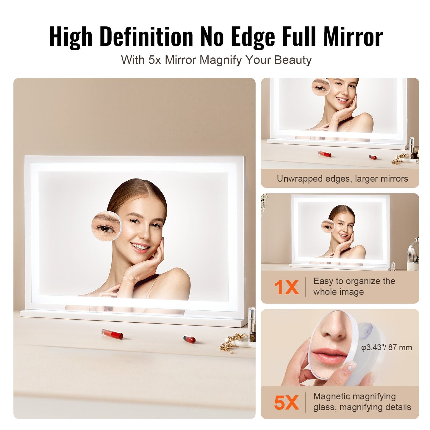 Wall-Mounted Lighted Makeup Mirror with 3 Color Temperatures and 5X Magnifier
