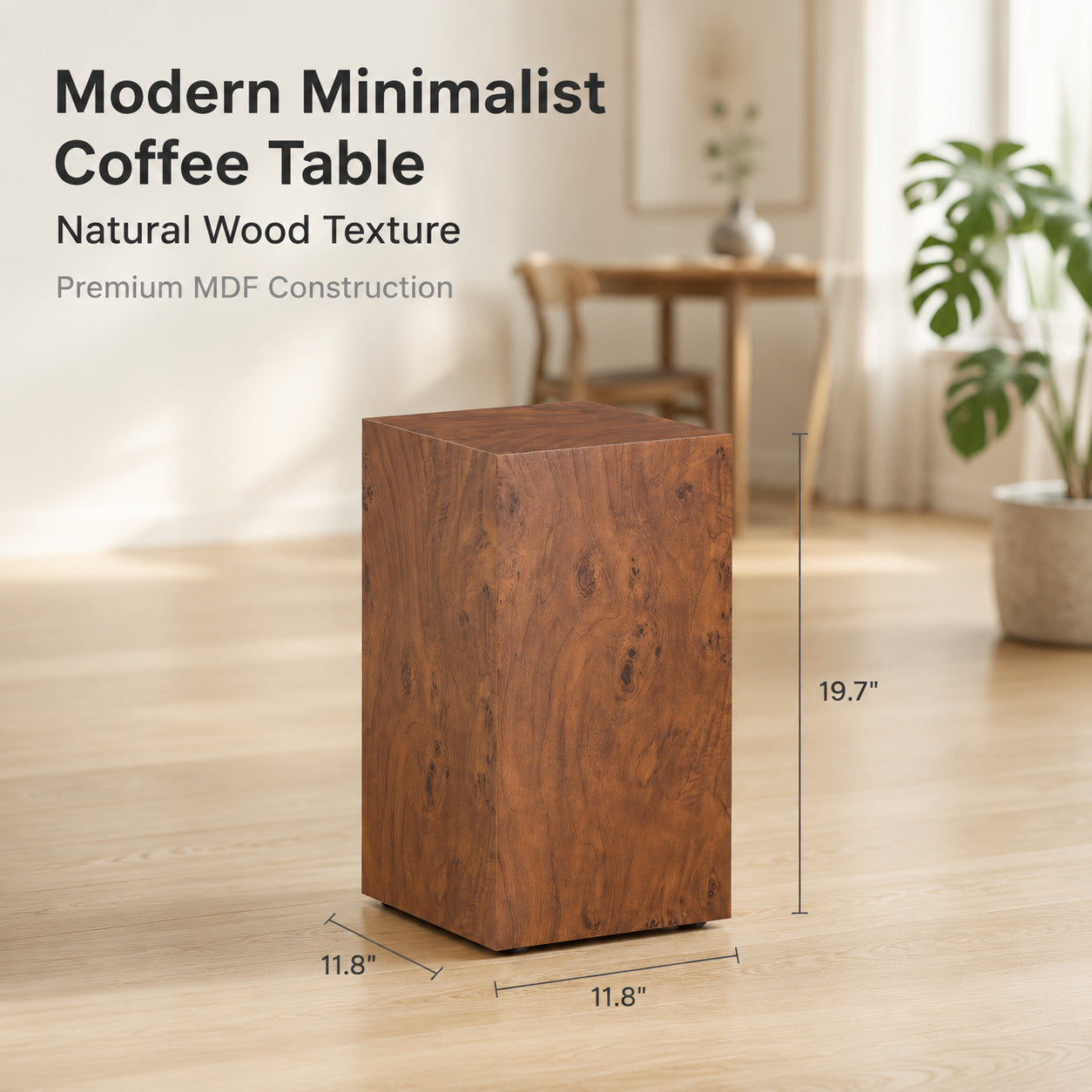 Height Adjustable Burl Walnut Veneer MDF Cube Table - 11.8"