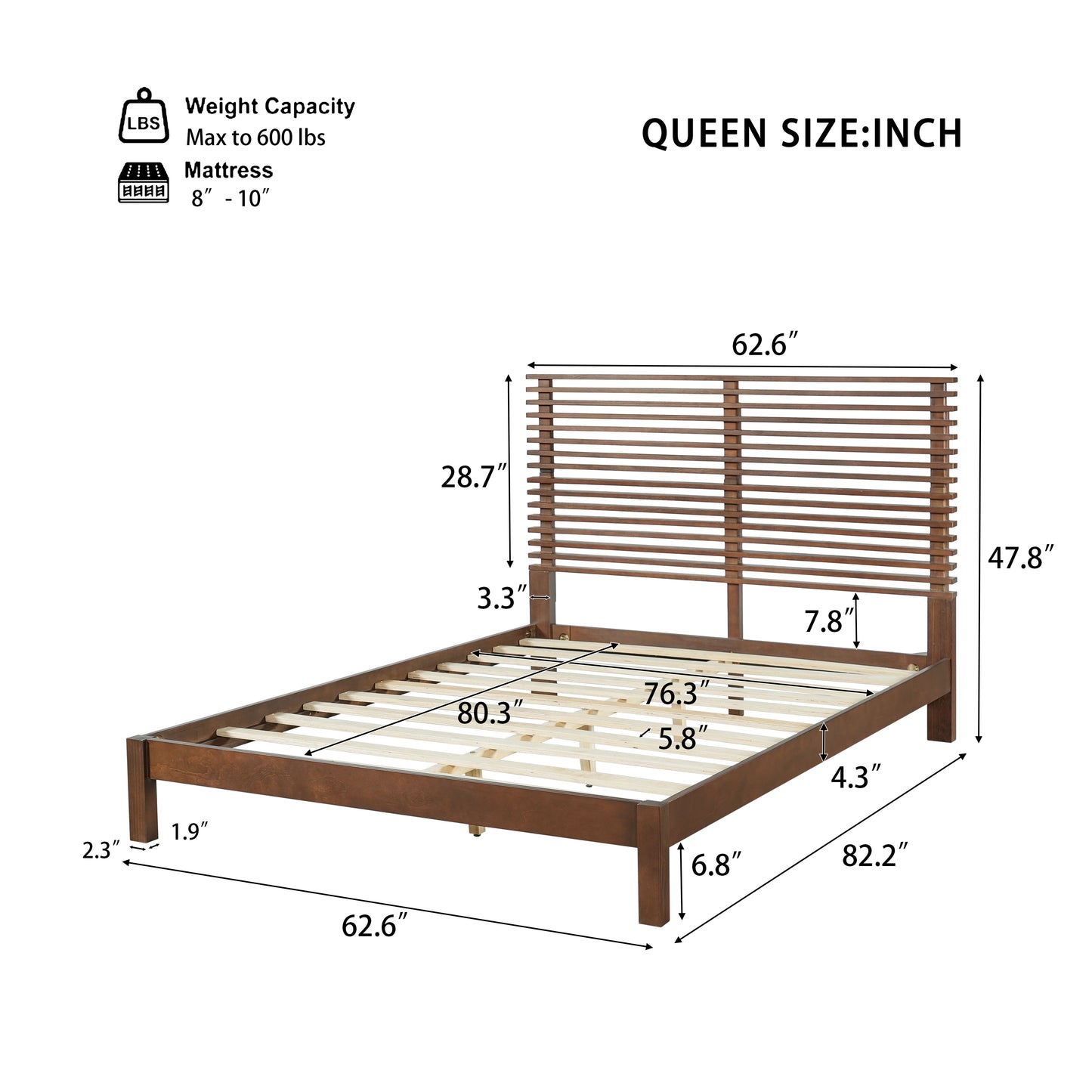 Premium Solid Wood Queen Size Platform Bed Frame With Horizontal Slat