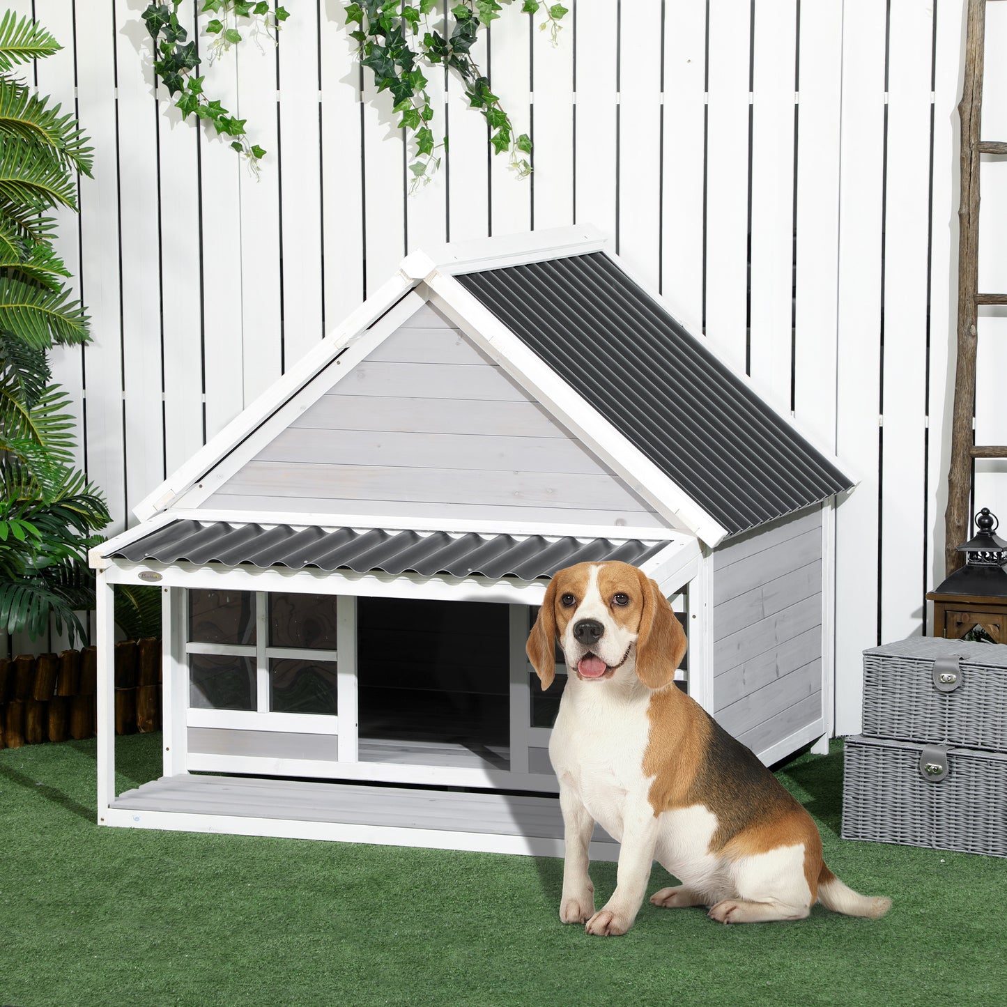 Wooden Dog House with Porch and Tilt Roof for Medium Large Dogs - Outdoor Pet Shelter