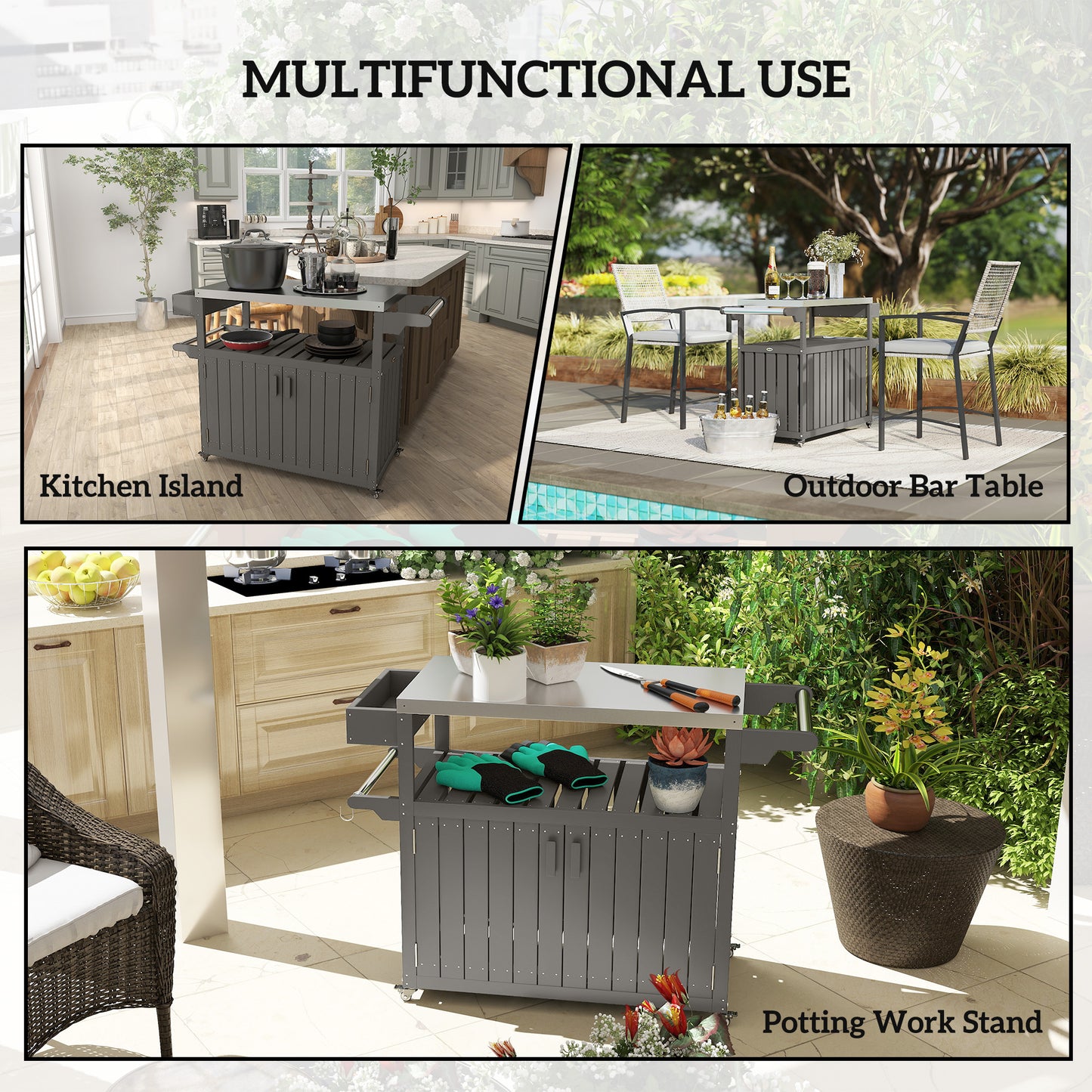 Outdoor Bar Cart - Stainless Steel Top, HDPE Storage, Wheeled - Dark Gray