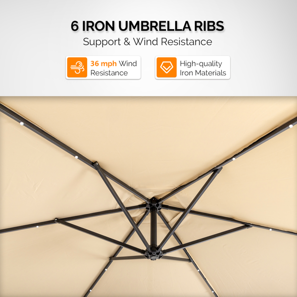 10FT Round Patio Hanging Umbrella with LED Lights - Khaki