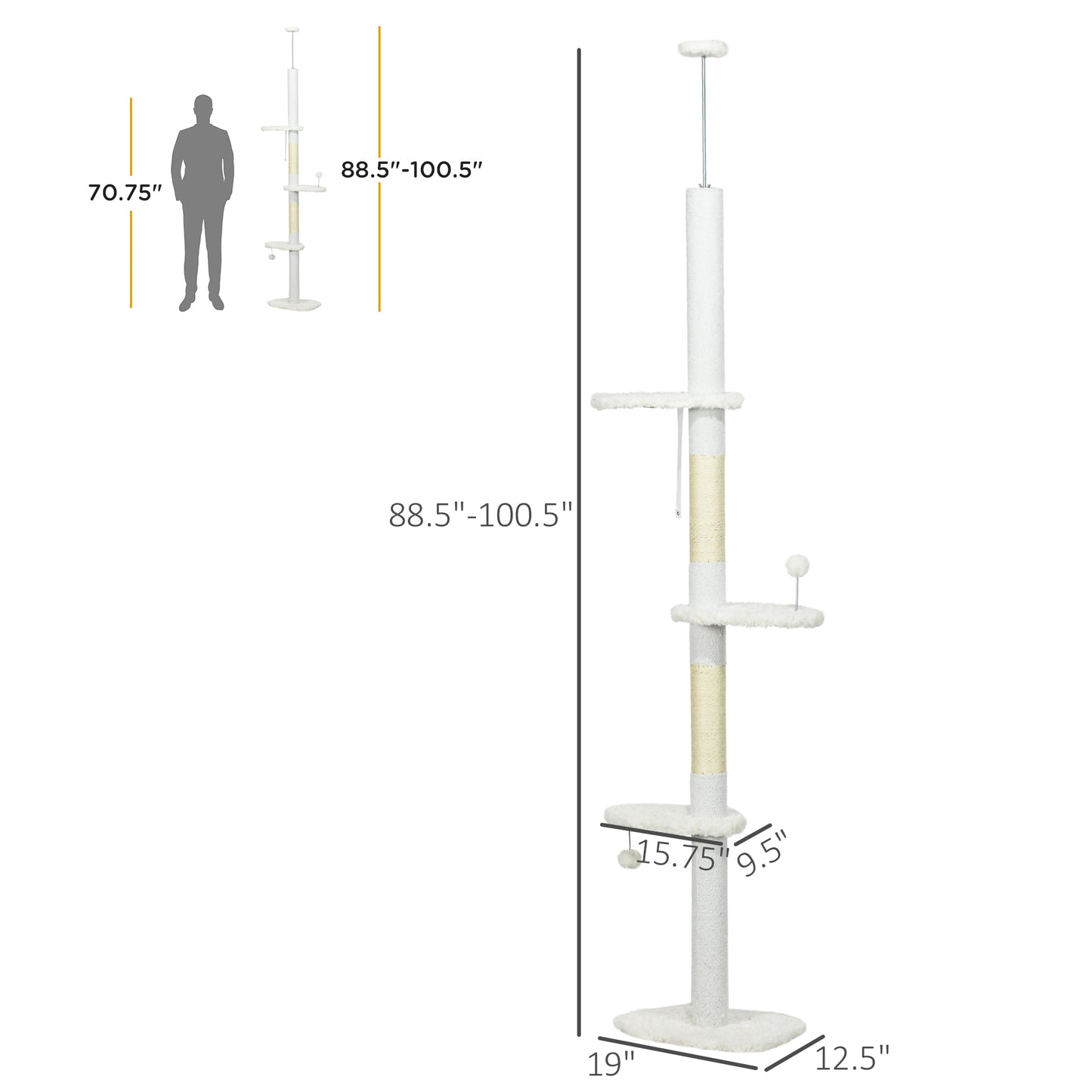 Adjustable Floor-to-Ceiling Cat Tree with Cloud Perches and Sisal Posts - White