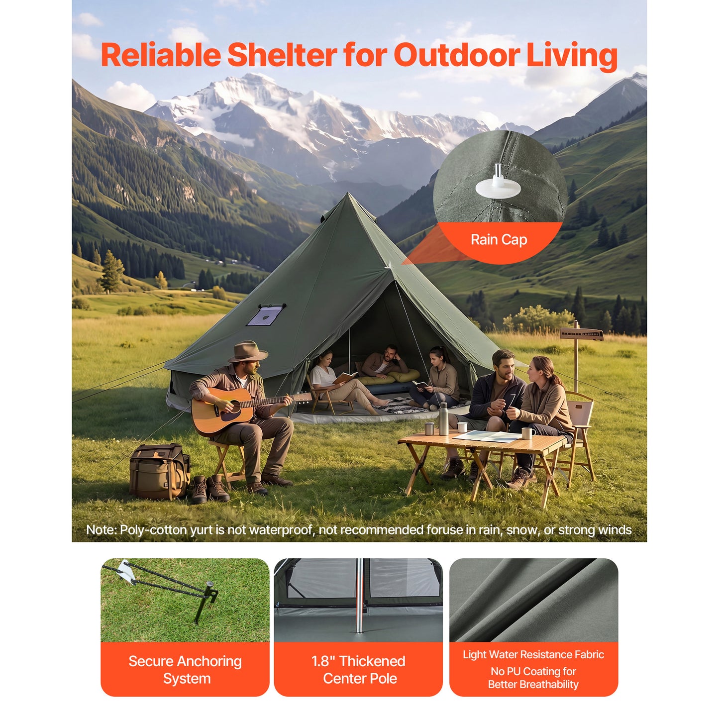 16.4 Ft Canvas Bell Tent for Camping & Glamping – Breathable, 4 Seasons with Stove Jack & Detachable Floor
