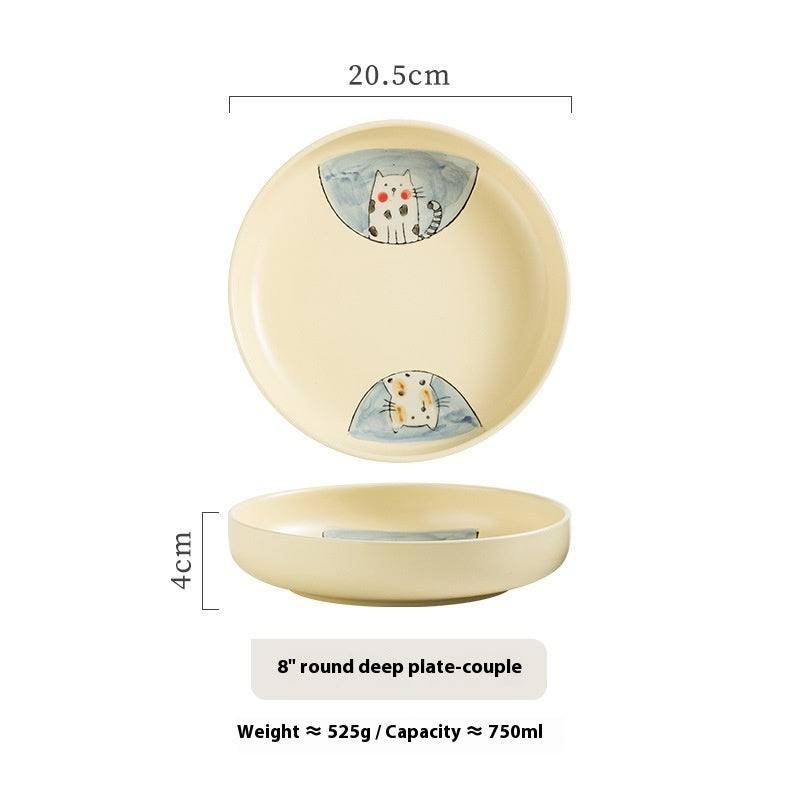 Ceramic Cat Plate Set - Deep Round Dinnerware for Home & Gift