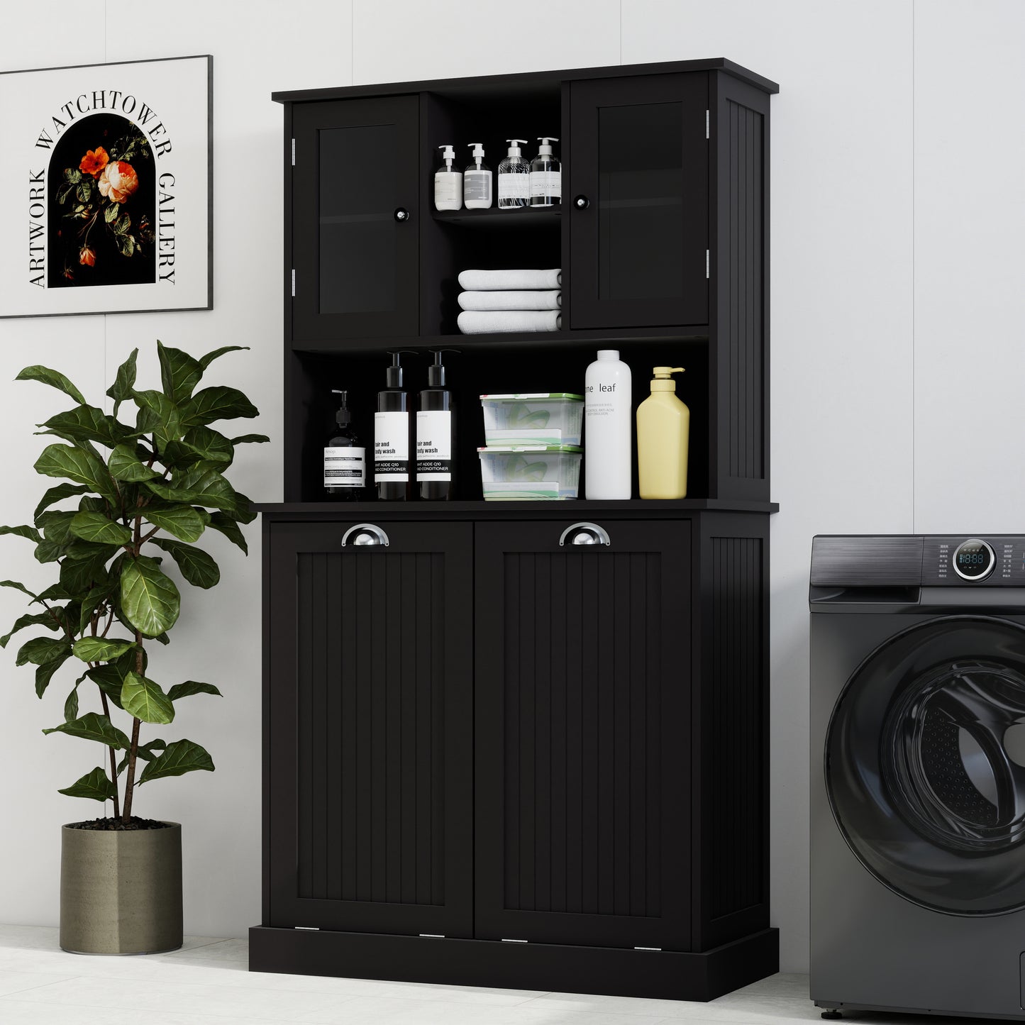 Tall Bathroom Cabinet with Tilt-Out Laundry Basket & 2 Shelves - Black