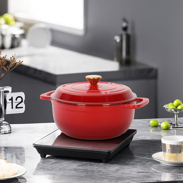 6QT Cast Iron Enamel Cooking Pot - Gradient Red with Silicone Gloves