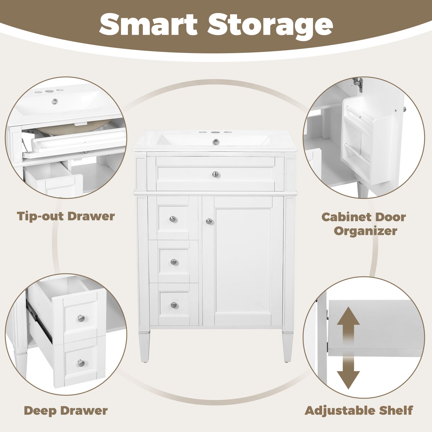 24-Inch Modern Bathroom Vanity with Ceramic Sink & 3 Drawers - White