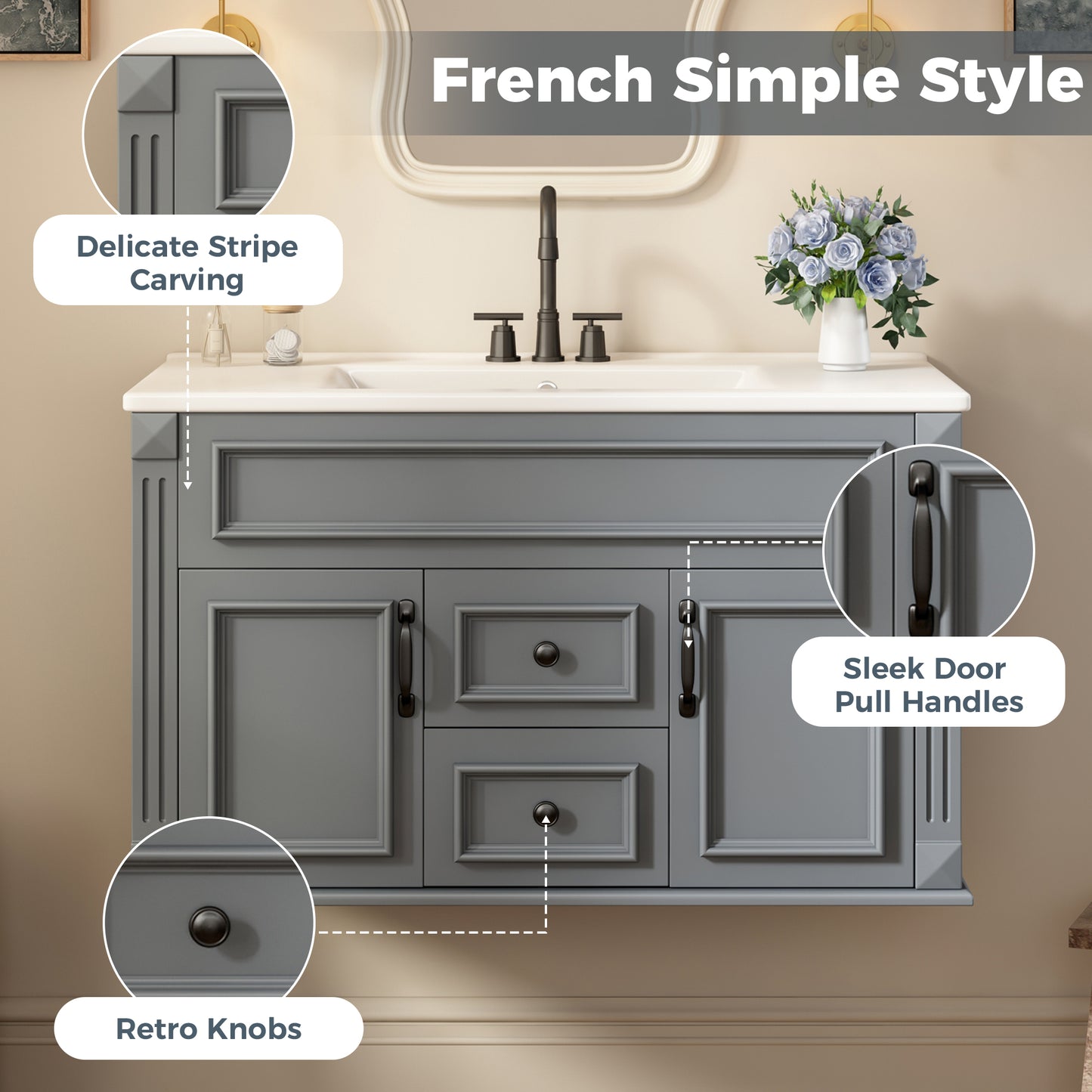 36-Inch Wall-Mounted Bathroom Vanity with Ceramic Sink - Gray